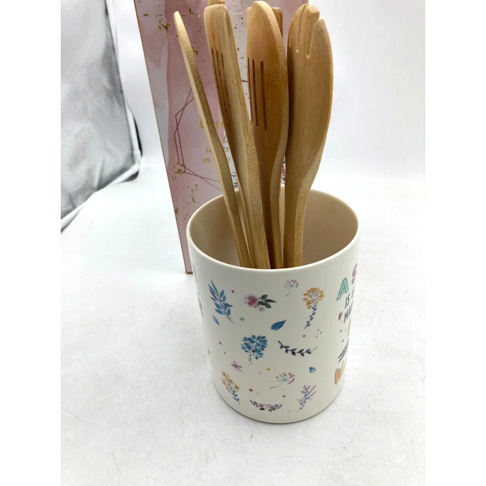 Sister Bamboo Kitchen Utensil Set with Ceramic Holder 6 Piece Gift Set New